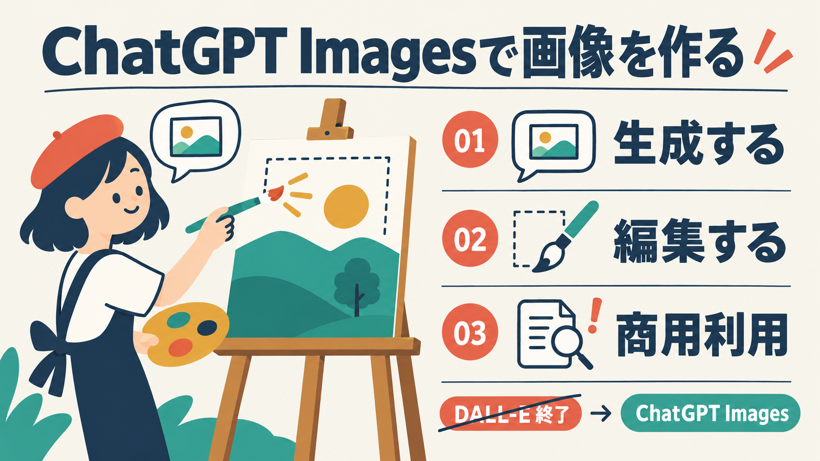 ChatGPT Imagesで画像を作る方法を示す図。イーゼルの前で人物が風景の絵を描き、右に「生成する」「編集する」「商用利用」の3ポイントを番号付きで並べている。下部の帯は「DALL-E終了」から「ChatGPT Images」へ移ったことを示す。
