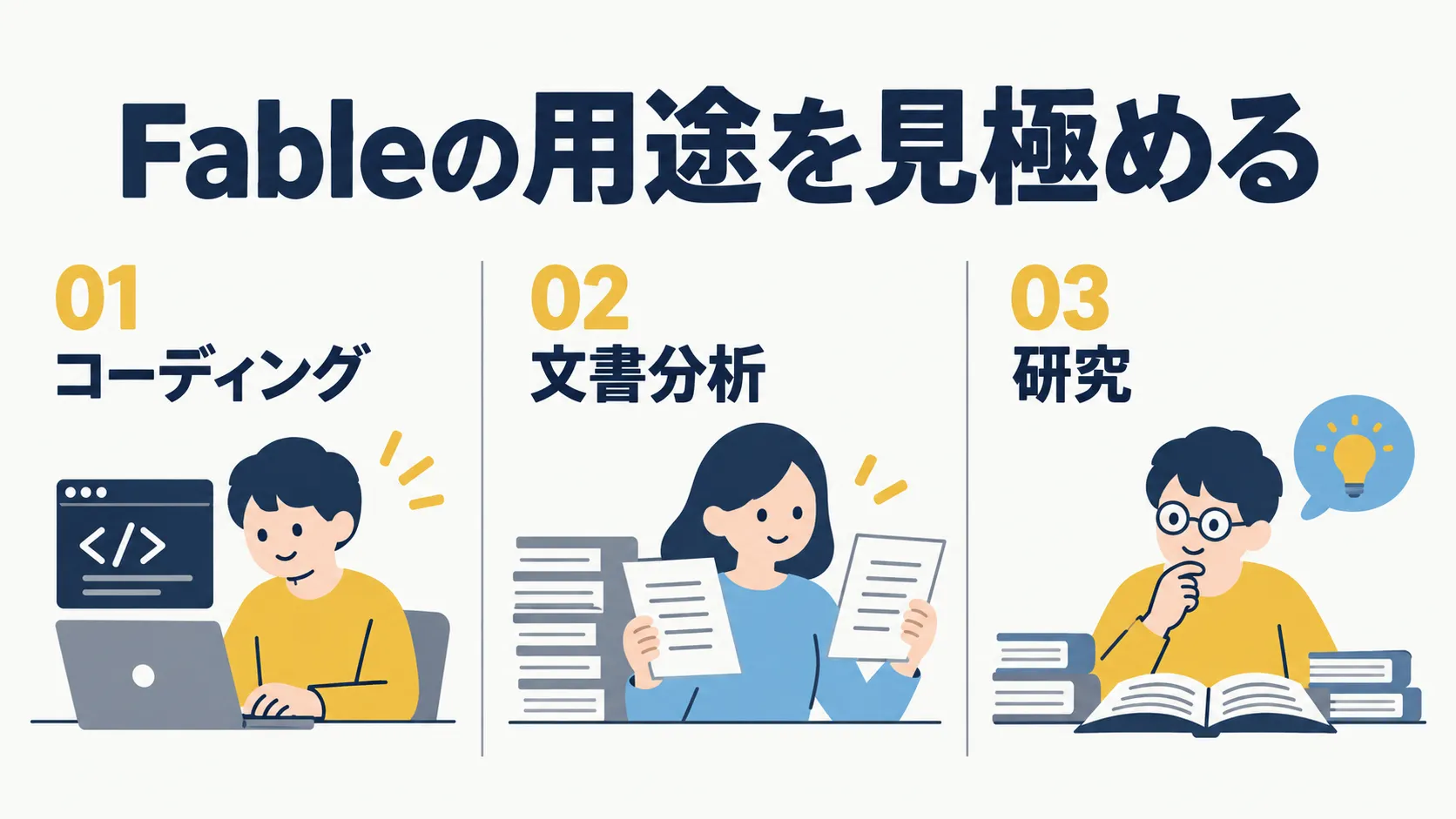 Fableの用途を見極める図。コードを書くコーディング、書類を比べる文書分析、本を前に考える研究の3つが並んでいる。