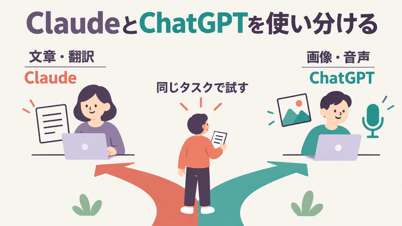 ClaudeとChatGPTを使い分ける図。左に文章・翻訳向けのClaude、右に画像・音声向けのChatGPTがあり、中央の人物が分かれ道に立って同じタスクで試す様子が描かれている。