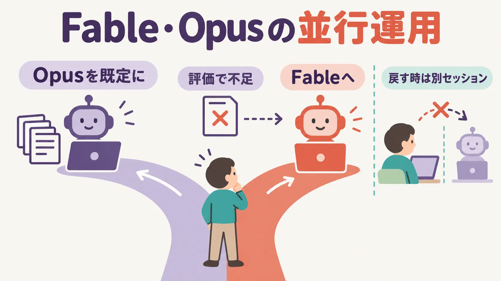 FableとOpusの並行運用を示す図。Opusを既定とし、評価で不足した分だけFableへ回す分岐が描かれ、右側には、戻すときは別セッションにするという注意が、バツ印の矢印とともに添えられている。