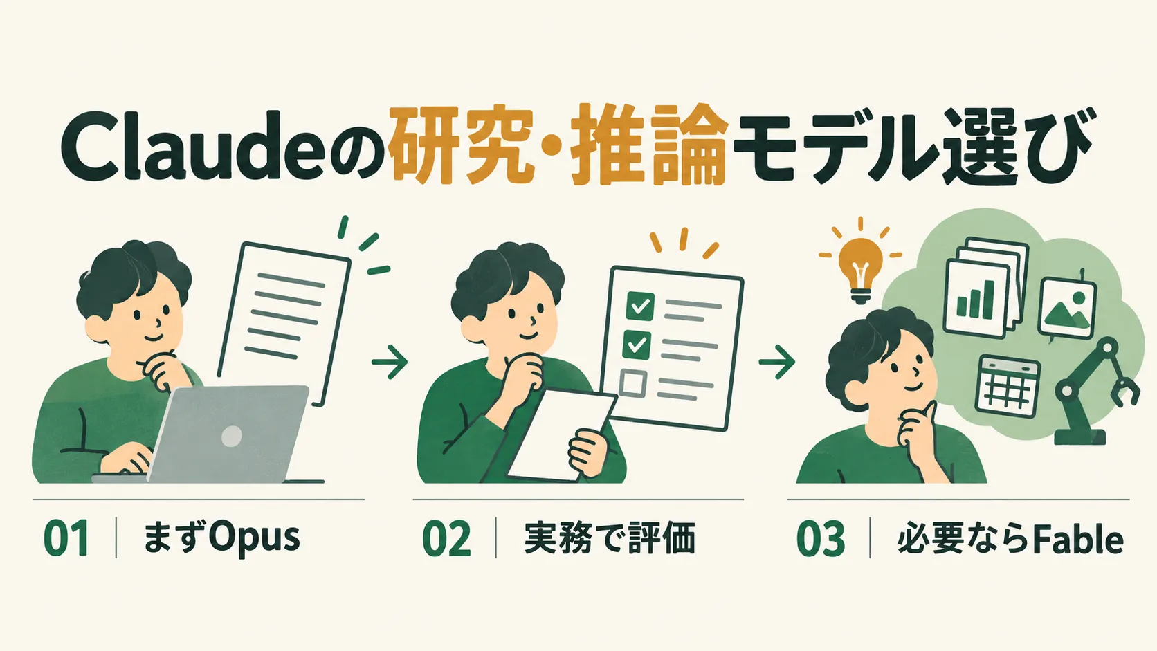 Claudeで研究・推論に使うモデルの選び方を示す図。まずOpusを使い、実務で評価し、足りなければFableを使うという3段階が、考える人物と矢印で描かれている。