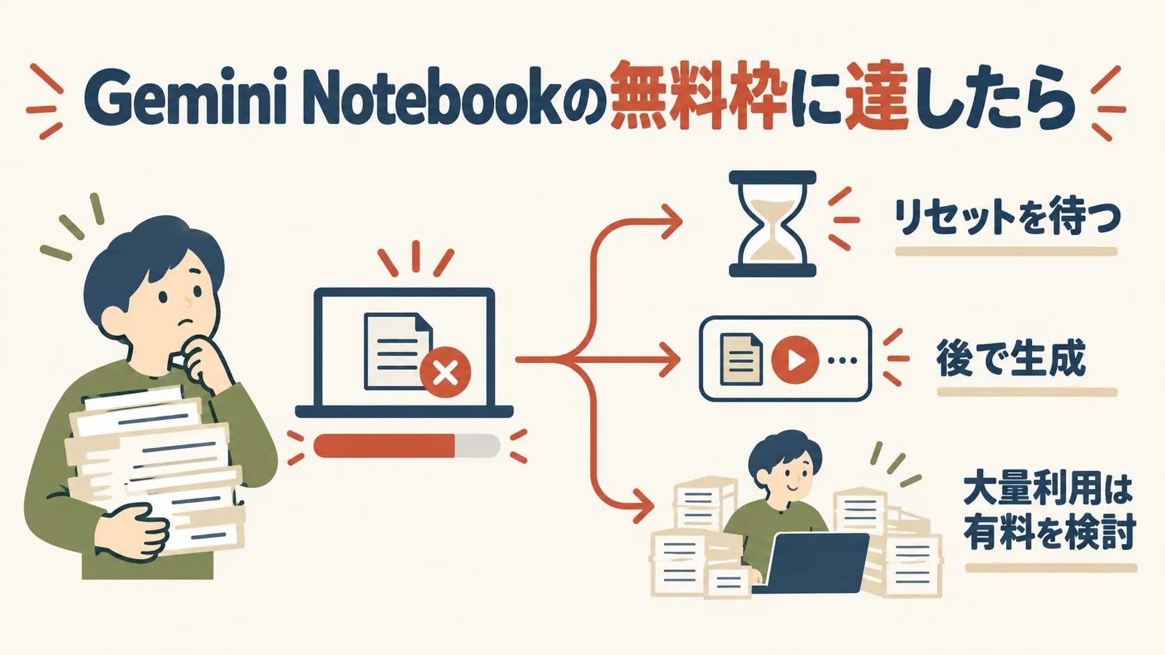 Gemini Notebookの無料枠に達したときの対処を示す図。使用量の上限に達した人物から、リセットを待つ、後で生成に回す、大量に使うなら有料プランを検討する、の3つの矢印が伸びている。