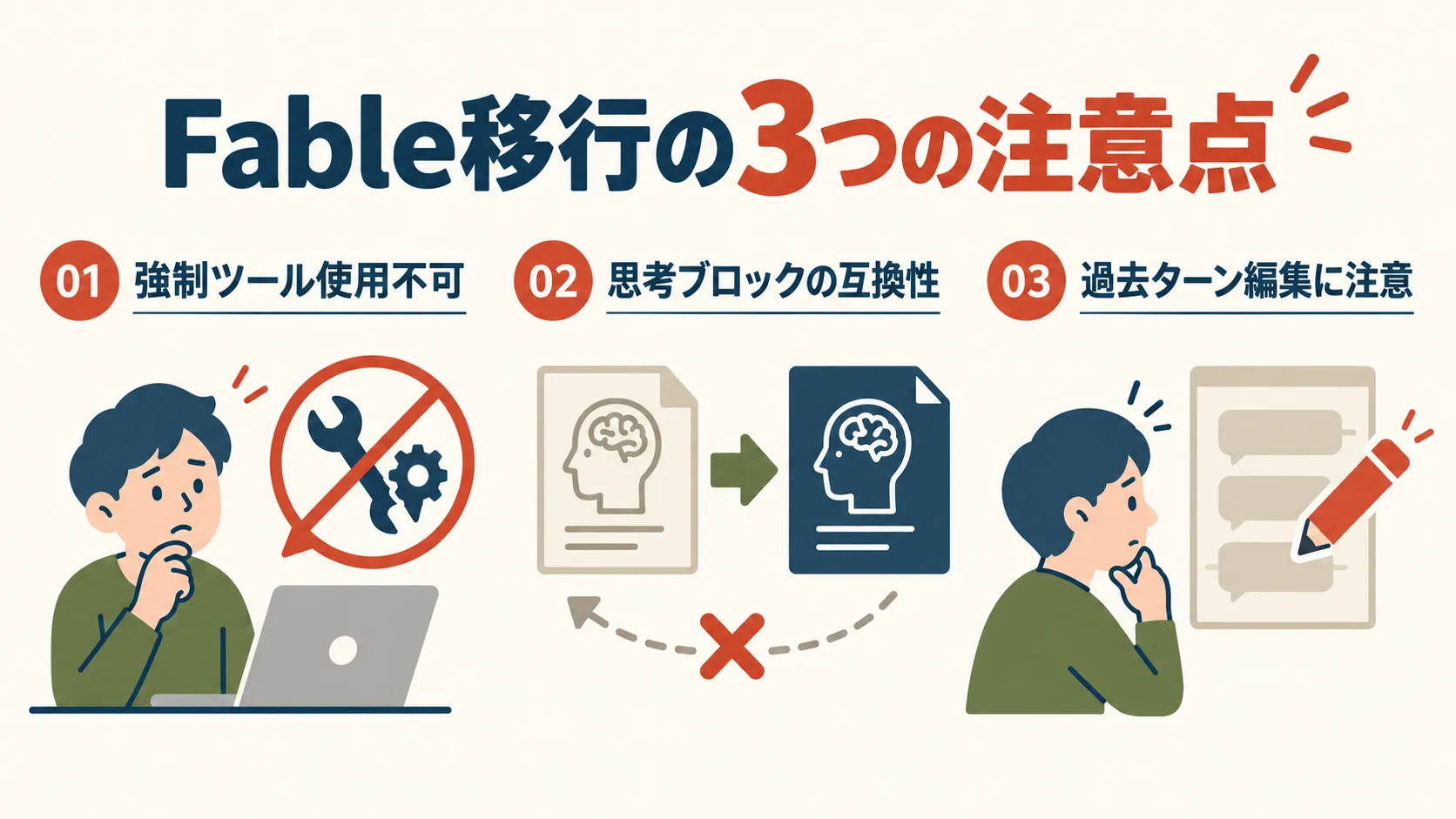 Fableへの移行で注意する3点を示す図。ツールの強制使用ができないこと、新しいモデルの思考ブロックが古いモデルでは読めないこと、過去のターンを編集すると影響が出ることが、人物と記号で描かれている。