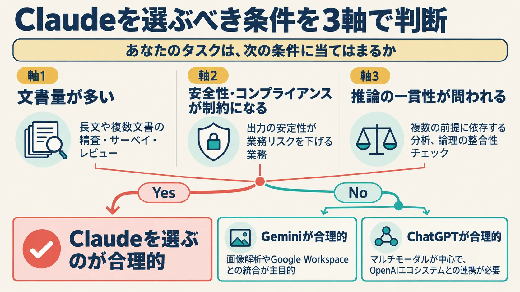 Claudeを選ぶべき条件を3つの軸で判断する流れを示す図解。文書量が多い、安全性・コンプライアンスが制約になる、推論の一貫性が問われる、のいずれかに当てはまればClaudeを選ぶ。当てはまらない場合は、画像解析やGoogle Workspaceとの統合が主目的ならGemini、マルチモーダルが中心でOpenAIエコシステムとの連携が必要ならChatGPTが候補になる。