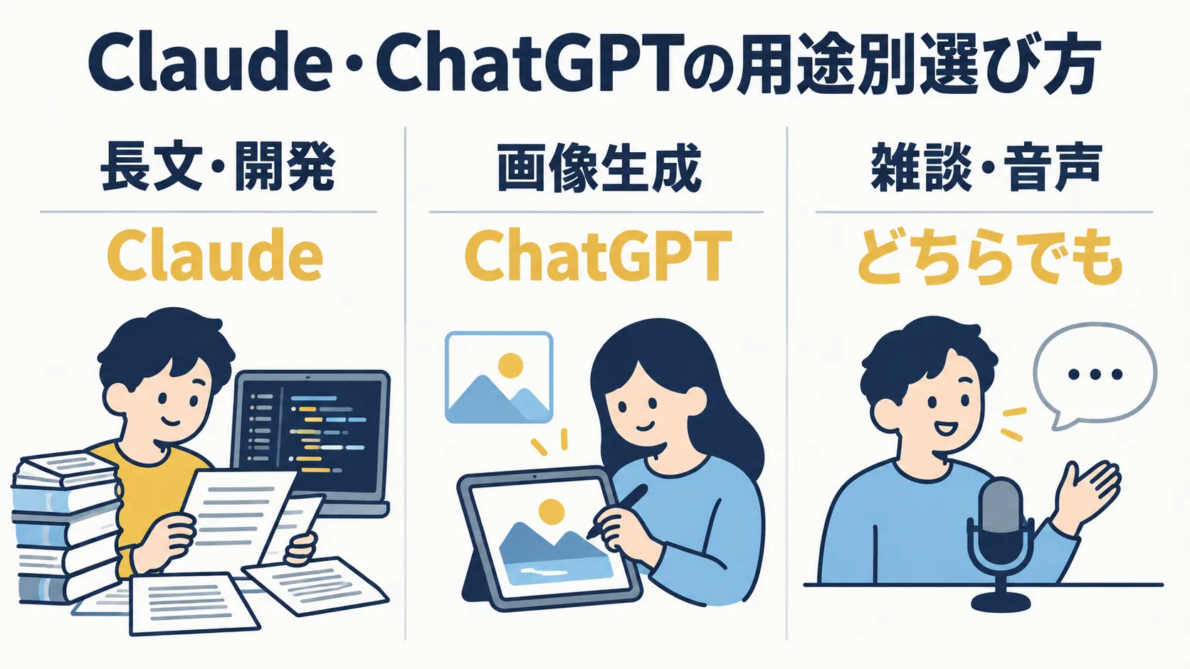 ClaudeとChatGPTの用途別の選び方を示す図。長文・開発はClaude、画像生成はChatGPT、雑談・音声はどちらでもという3つの区分が並んでいる。