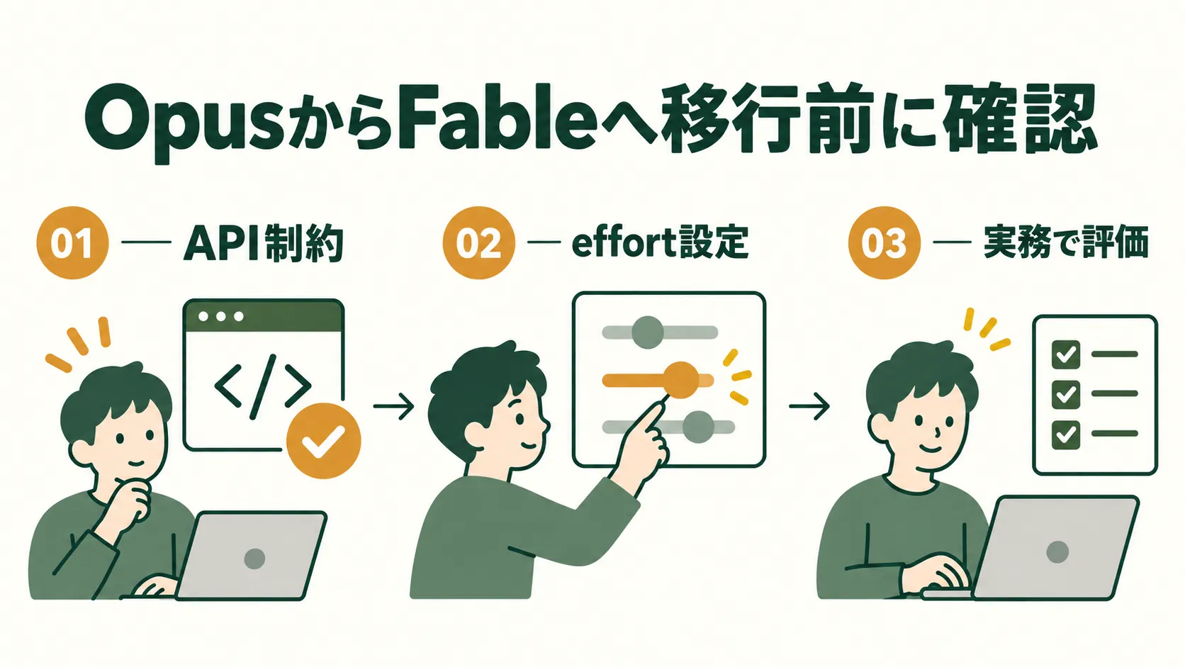 OpusからFableへ移行する前の確認項目を示す図。API制約の確認、effort設定の調整、実務での評価という3段階が、人物と画面で矢印につながっている。